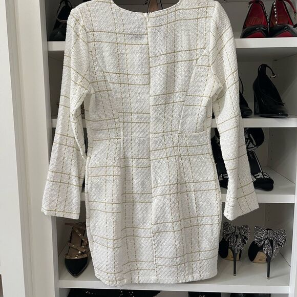 New White Gold Tweed Dress Long Sleeve Ornamental Buttons Back Zip S - Picture 10 of 14
